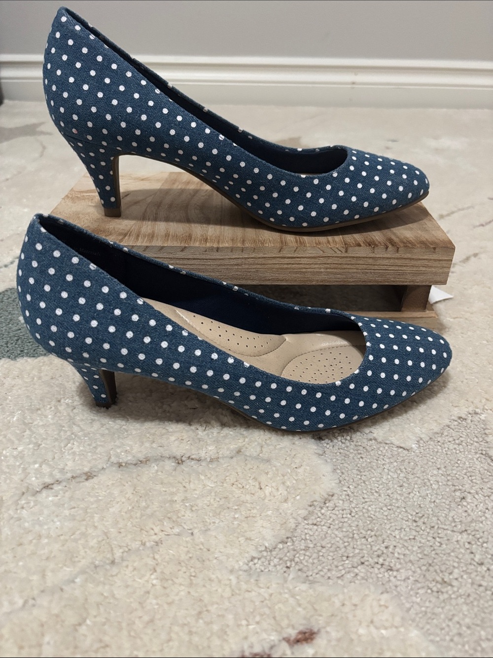 Amelia Grace Blue (denim-y fabric) kitten heels with polka dots